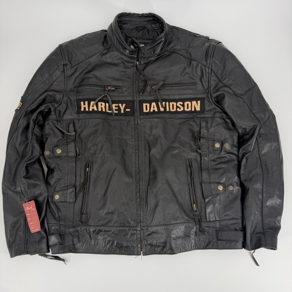 Harley Davidson Mens Black Leather Motorcycle Jacket Cafe Racer Distressed Patch